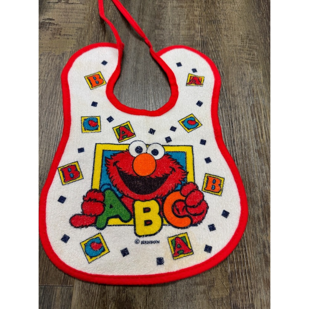 Vintage Sesame Street Elmo ABC Baby Bib Red White Jim Henson Terry Tie Closure